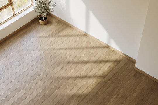 Fototapeta Top view of modern minimal interior living room with white wall and wooden floor .3d rendering