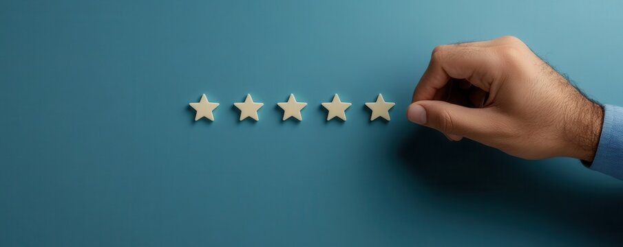 Hands Selecting Five Stars on a Glowing Blue Background for Customer Feedback - Powered by Adobe