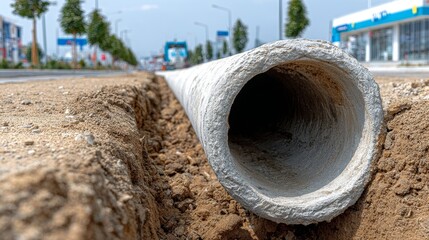 Urban infrastructure development with concrete pipe installation in city street construction zone, highlighting civil engineering and municipal progress