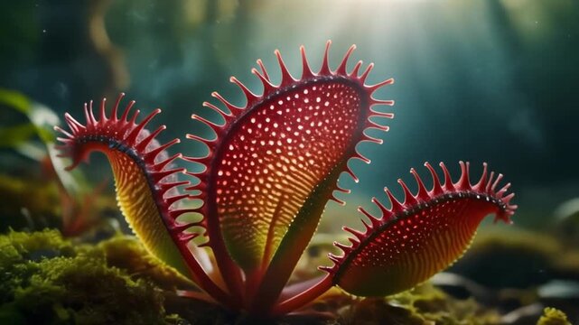 Close-up of a vibrant Venus flytrap plant with multiple open traps in a lush forest environment