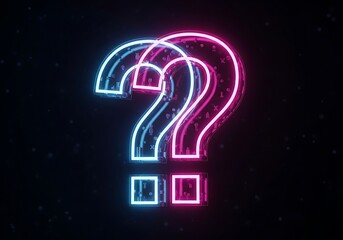 Neon 2 question marks in pink and blue glow against a dark background, creating a sense of mystery