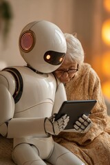 Human-robot collaboration in elderly care technology, showing digital inclusion and compassionate support in modern home environments