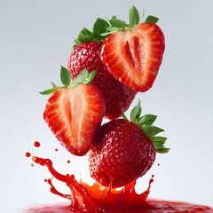 Fresh strawberries suspended in mid-air against a clean white background. 