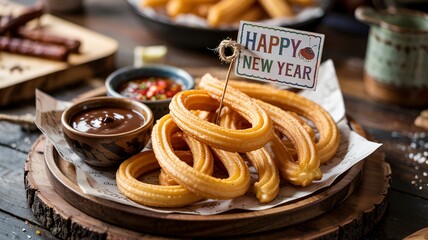 Plate of freshly made churros with chocolate dipping sauce and a happy new year sign