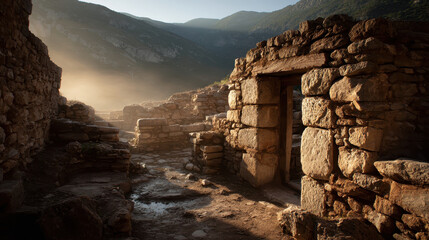 Ancient stone ruins bathed in warm golden light during sunrise or sunset with rugged mountain landscape in the background and mist softly settling in the valley below