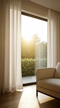 Sunlit window sheer curtain and armchair with soft beige curtain panels sunlight peeking through