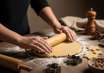A person rolling out cookie dough on a floured surface, preparing to bake festive treats with cookie cutters, embodying the warmth and joy of homemade holiday baking