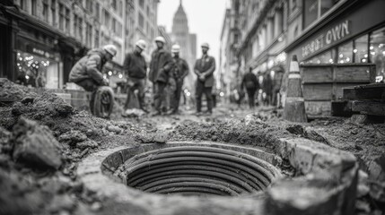 Monochrome image highlighting urban development, teamwork, and city infrastructure progress at a busy construction site