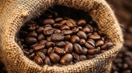 Close up of roasted coffee beans in a burlap sack with natural arrangement showing texture and details under sharp lighting for commercial use.
