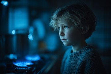 Curious young boy with curly hair observes blue stove flame in dim kitchen, symbolizing childhood wonder and home safety awareness