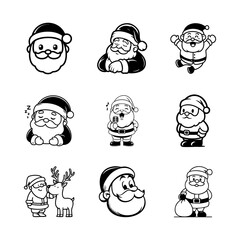 A collection set of cute Santa Claus characters in various festive poses representing joyful Christmas spirit, celebration, winter holidays, and cheerful seasonal themes.