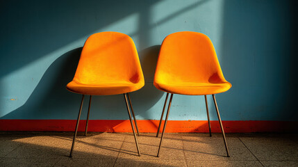 Two bright orange modern plastic chairs with slender metal legs positioned side by side against a blue wall with a red baseboard illuminated by soft natural light on tiled floor