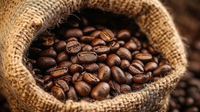 Close up of roasted coffee beans in a burlap sack with natural arrangement showing texture and details under sharp lighting for commercial use.