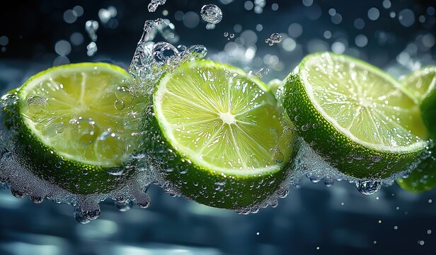 A few slices of fresh limes floating in the air with water droplets splashing around them for a refreshing beverage concept.