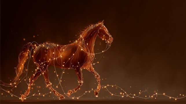 Dynamic digital artwork of a galloping horse with fiery neon lines, symbolizing energy, speed, and power, suitable for sports, branding, and motivational themes