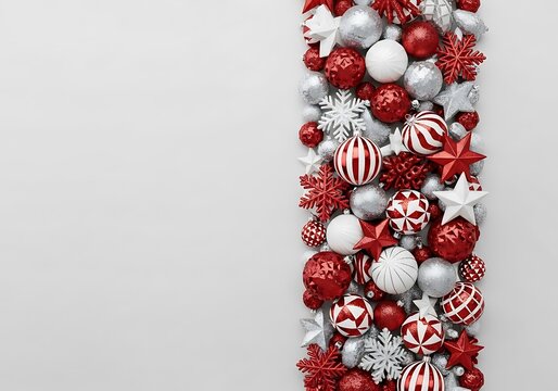 A festive arrangement of red and silver christmas ornaments and decorations, creating a cheerful and elegant holiday border on a white background - Powered by Adobe
