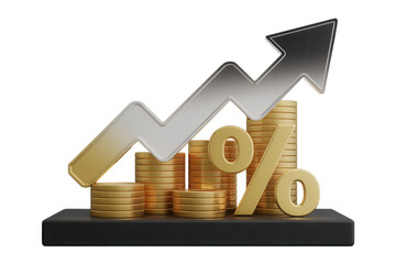 Visualize your financial growth with this professional illustration featuring golden coins, an upward arrow, and a percentage symbol, ideal for presentations and marketing materials about investments