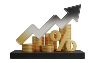 Visualize your financial growth with this professional illustration featuring golden coins, an upward arrow, and a percentage symbol, ideal for presentations and marketing materials about investments