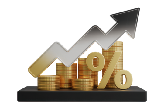 Visualize your financial growth with this professional illustration featuring golden coins, an upward arrow, and a percentage symbol, ideal for presentations and marketing materials about investments