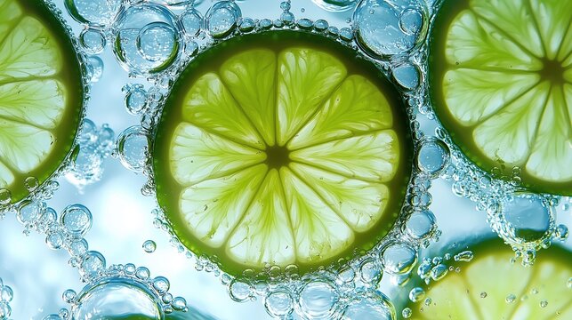 A close up of lime slices submerged in sparkling water with bubbles around them creating an abstract and refreshing visual effect against a light blue background.
