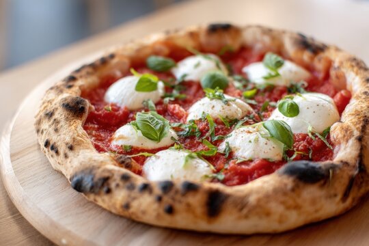 Neapolitan style pizza with charred crust topped with fresh mozzarella, basil, and tomato sauce, served on a wooden board, showcasing delicious Italian cuisine and culinary artistry
