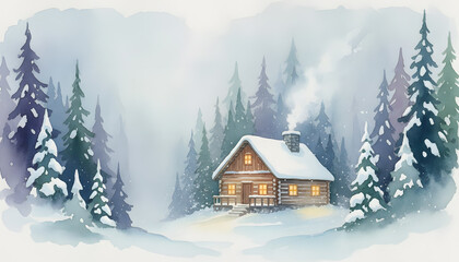 Fototapeta premium Cozy log cabin nestled in a snowy forest with smoke rising from the chimney