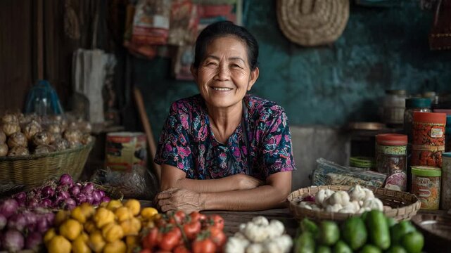 Smiling woman at a market stall with fresh produce and a warm, inviting presence
