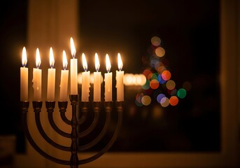 A menorah with lit candles stands in front of a window with blurred christmas lights in the background, symbolizing the celebration of hanukkah during the holiday season
