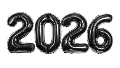 inflated reflective glassy black inscription 2026 isolated on transparent background, png