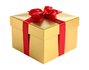 Fototapeta premium golden gift box with red bow and ribbon isolated on transparent background, png