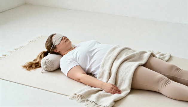 A woman resting in Savasana pose on a yoga mat. Practicing deep relaxation and meditation with an eye mask and neck pillow for self-care and wellness