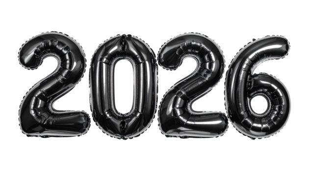 inflated reflective glassy black inscription 2026 isolated on transparent background, png