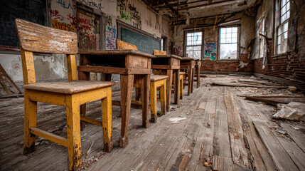 Abandoned classroom with old wooden desks and chairs in a dilapidated building featuring peeling paint, broken windows, graffiti walls, and debris scattered on wooden floorboards.