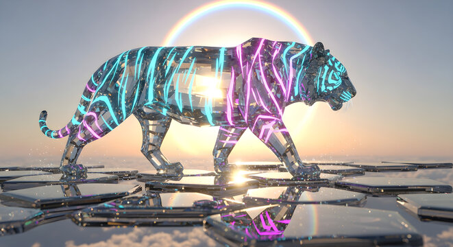 Futuristic Crystal Tiger Walking on a Hexagonal Platform at Sunset