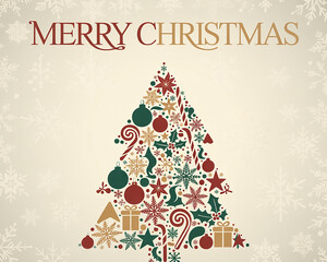 Christmas tree shape made of festive ornaments and snowflakes with Merry Christmas text