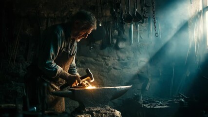 Blacksmith at work, hammering hot metal on an anvil in a dimly lit workshop