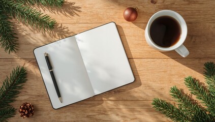 New Year Goals Planning Scene with Notebook and Holiday Decorations on Minimal Desk