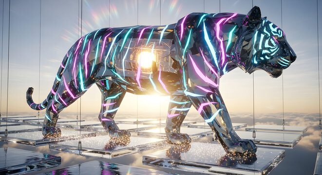 Futuristic Crystal Tiger Walking on a Hexagonal Platform at Sunset - Powered by Adobe