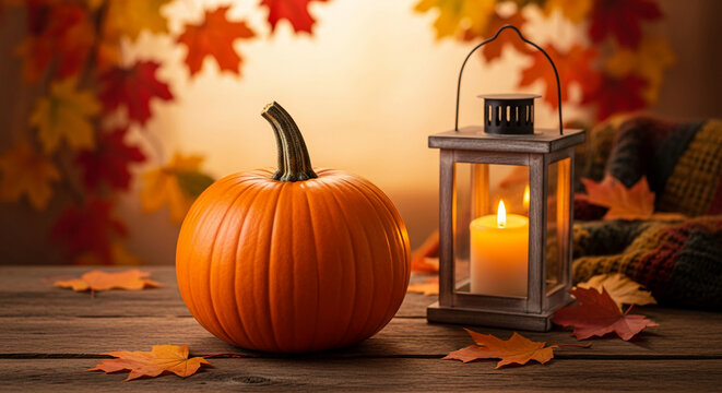 Orange pumpkin with lantern, autumn leaves on wood. Illustrates harvest, Thanksgiving season, and rustic festive decor, for themes like celebration or coziness