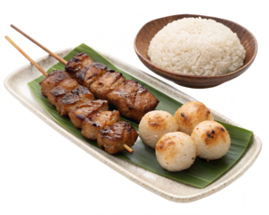 Skewered Moo Ping (grilled pork) with sticky rice ball, grill marks, realistic food photography,