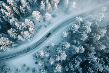 aerial view of car on snowy winter road in frozen forest