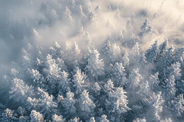 Fototapeta premium aerial view of serene winter forest with fog and hoarfrost