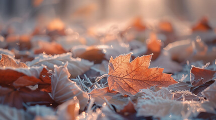 close up of frost covered autumn leaves
