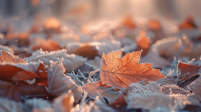close up of frost covered autumn leaves - Powered by Adobe