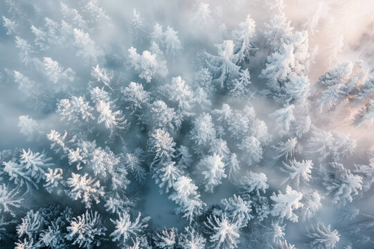 aerial view of serene winter forest with fog and hoarfrost