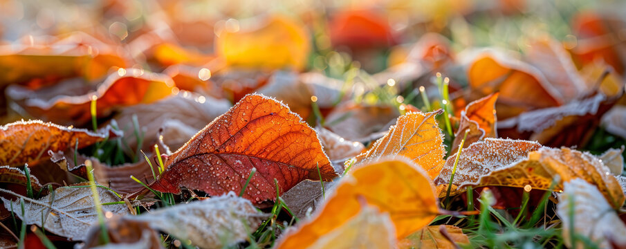 close up of frost covered autumn leaves