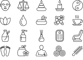 "Minimalist Black and White Spa and Wellness Line Art Icons for Self-Care and Relaxation"
