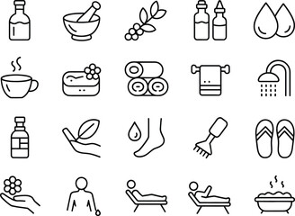 "Minimalist Line Art Icons for Wellness, Spa, Aromatherapy, and Self-care | Essential Oils, Massage, Shower, Towels, and Relaxation Symbols"