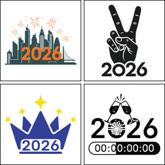 Four creative 2026 new year designs isolated on white background, featuring city skyline