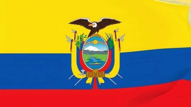 3D animation of the Ecuador flag featuring the condor coat of arms. Seamless loop of yellow, blue, and red tricolor, symbolizing biodiversity and the Andes - Powered by Adobe